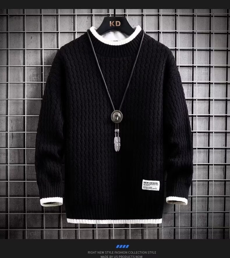 Pull à col roulé mi-long pour homme, pull en maille torsadée automne-hiver, pull tendance ample à col rond pour homme._voghion.com