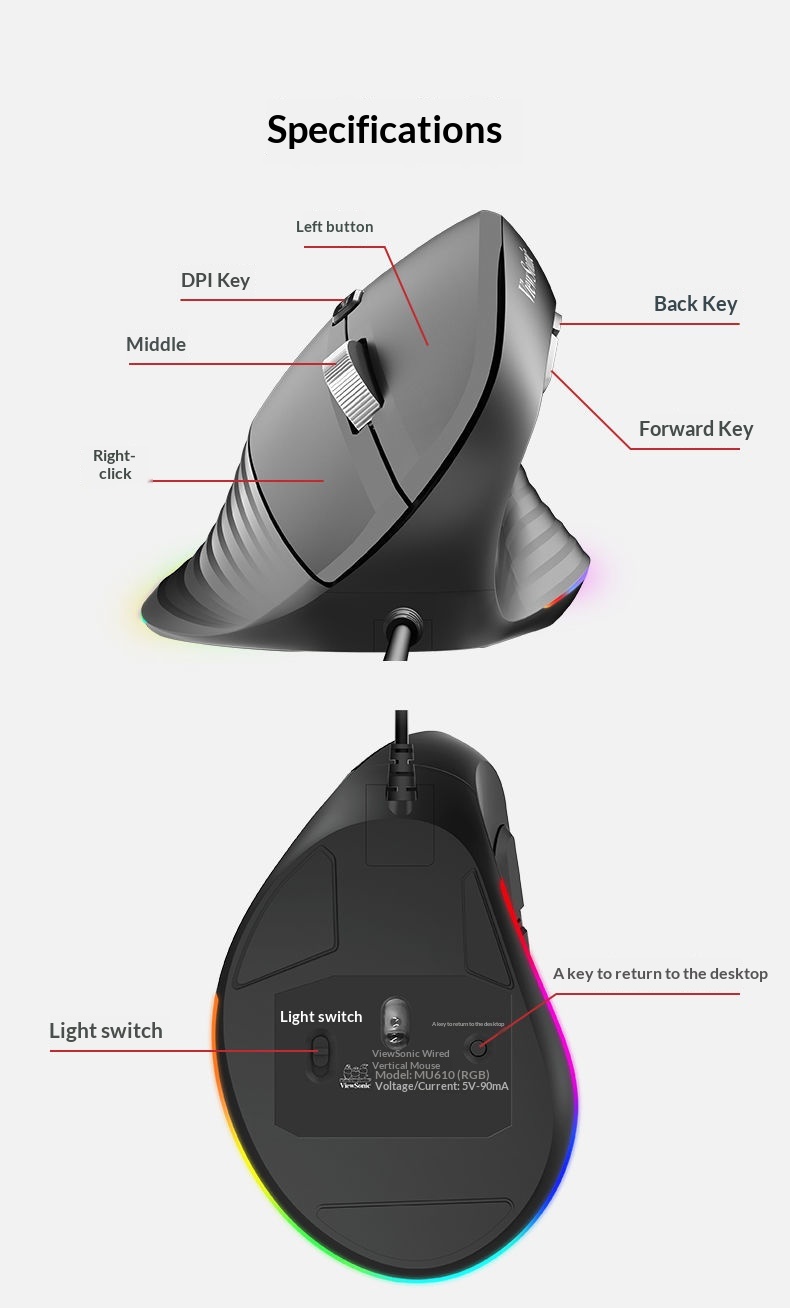 Digitex Digitex ViewSonic MW610 Ter Geçirmez Kaymaz Dikey Ergonomik Işıklı Fare Ofis ve Oyun İçin_voghion.com