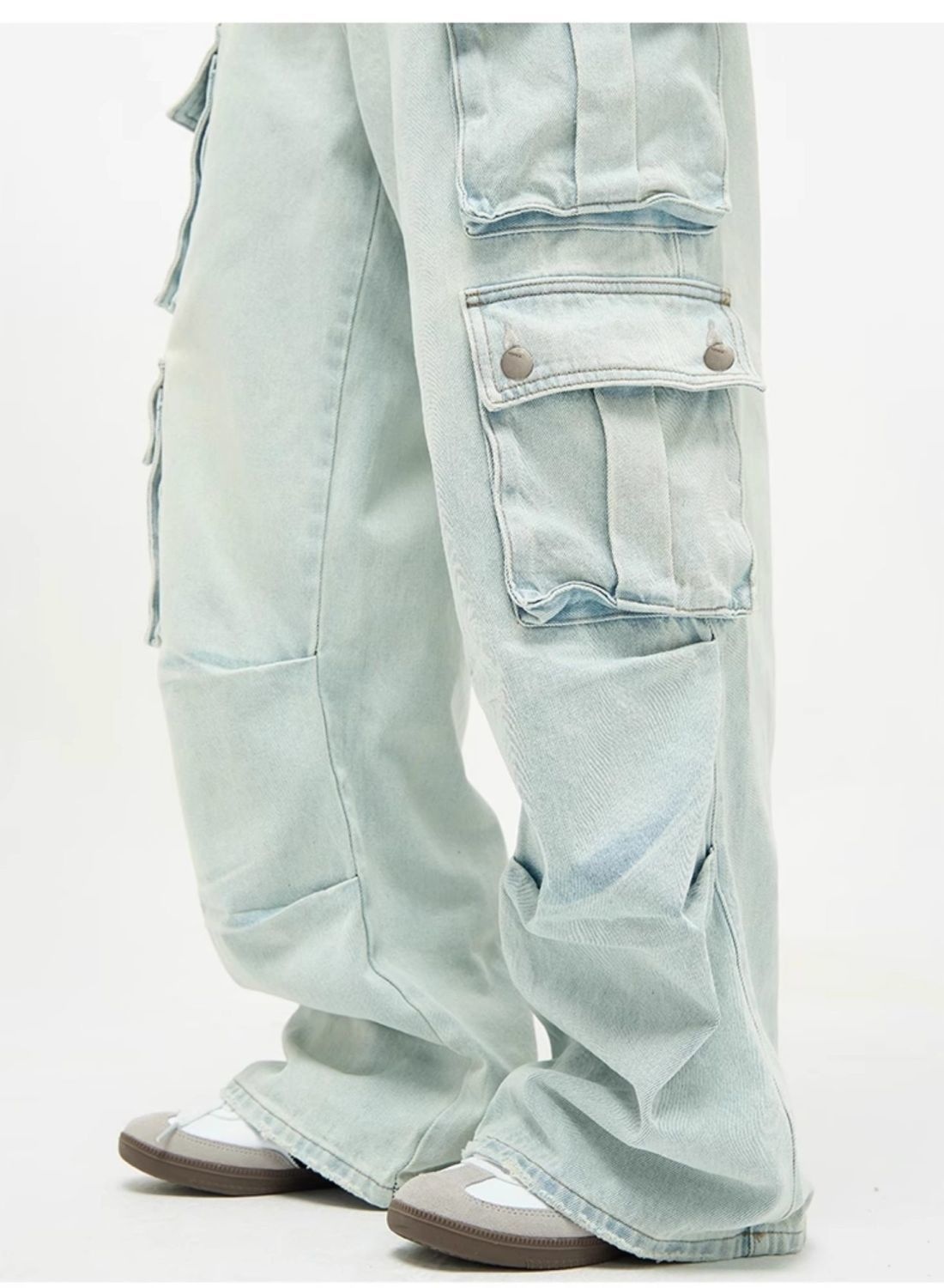 Jeans multitasche stile boy per uomo, pantaloni cargo a gamba larga blu retrò di nicchia, pantaloni alla moda europei e americani per coppie_voghion.com