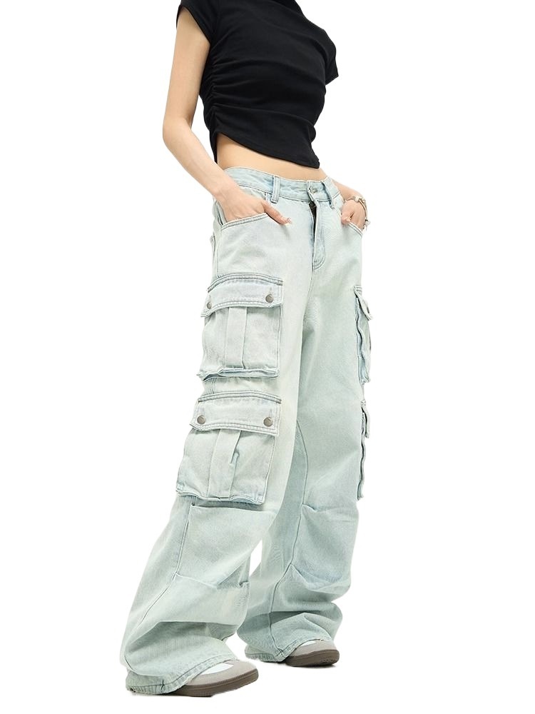 Jeans multitasche stile boy per uomo, pantaloni cargo a gamba larga blu retrò di nicchia, pantaloni alla moda europei e americani per coppie_voghion.com