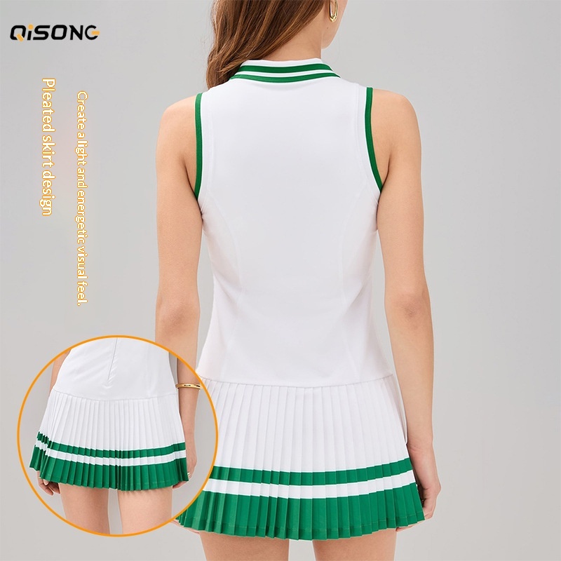 001 Cross-Border Zipper Sleeveless Polo Collar One-Piece Tennis Women Quick-Drying Breathable Contrast Pleated Casual_voghion.com