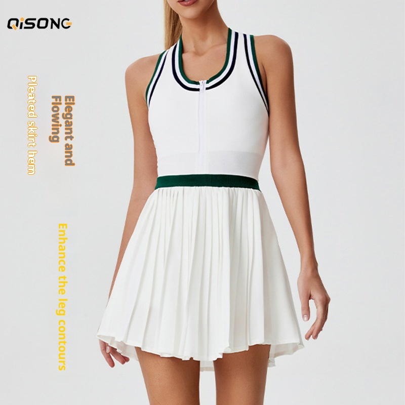 001 Cross-Border New Zipper Fitness Wear Color-Block High-Waist Outdoor Badminton Sports Breathable Golf Tennis Skirt For_voghion.com