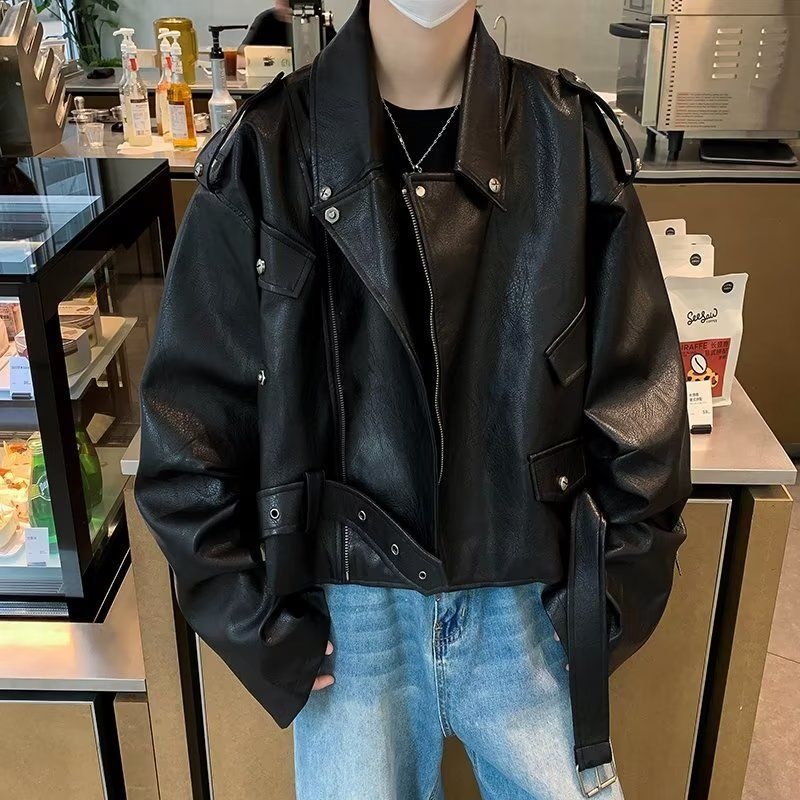 Giacca da motociclista corta in pelle color caffè Melard da uomo, stile street primaverile e autunnale, dal design unico, cool_voghion.com