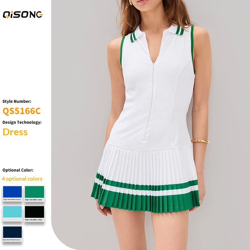 001 Cross-Border Zipper Sleeveless Polo Collar One-Piece Tennis Women Quick-Drying Breathable Contrast Pleated Casual_voghion.com
