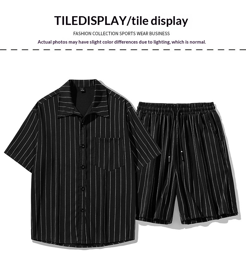 Ice Silk Suit Casual For Men Summer Thin Trendy Loose Striped Shirt Breathable Two-Piece Set_voghion.com