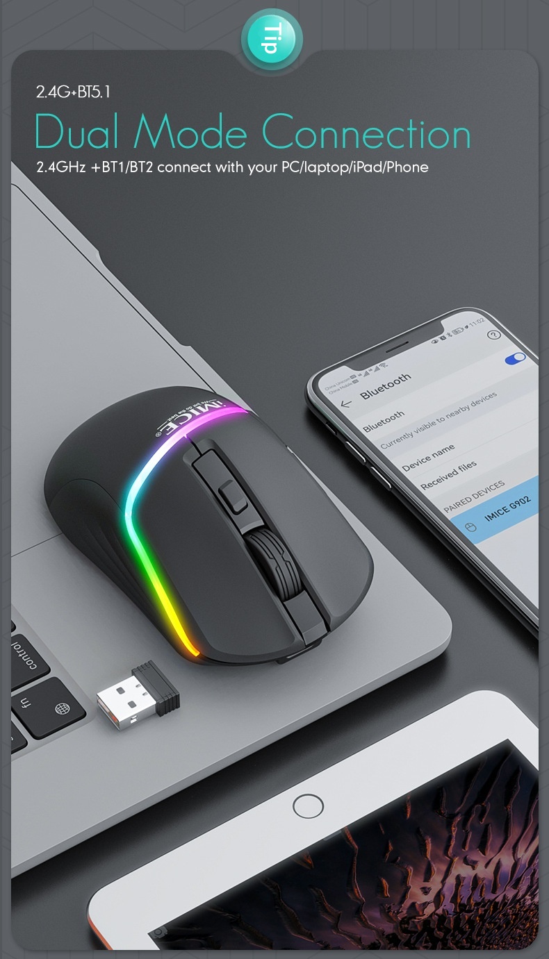 Digitex Digitex IMICE Factory Direct Supply Cross-Border Bluetooth Dual-Mode 6 Button RGB Rechargeable Silent Type-C Wireless Gaming_voghion.com