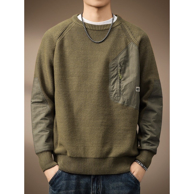 boy Boy Boy Boy High-End American Heavyweight Retro Color-Block Pocket Sweater For Men, Autumn Trendy Brand, Thick Loose Fit, Plus Size_voghion.com