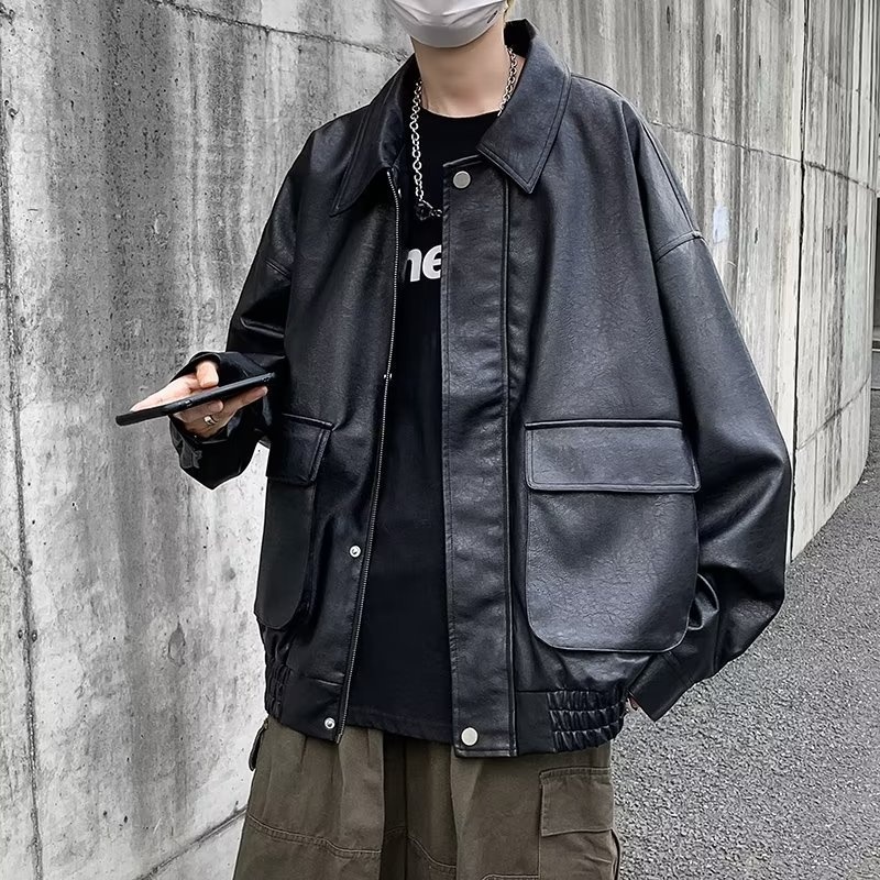 Giacca da motociclista in PU stile street europeo americano da uomo, tendenza autunnale, giacca da motociclista bella e accattivante, giacca in pelle dalla vestibilità ampia_voghion.com