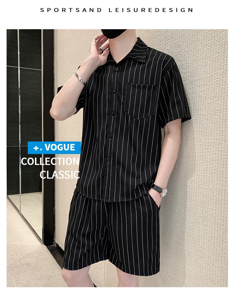 Ice Silk Suit Casual For Men Summer Thin Trendy Loose Striped Shirt Breathable Two-Piece Set_voghion.com