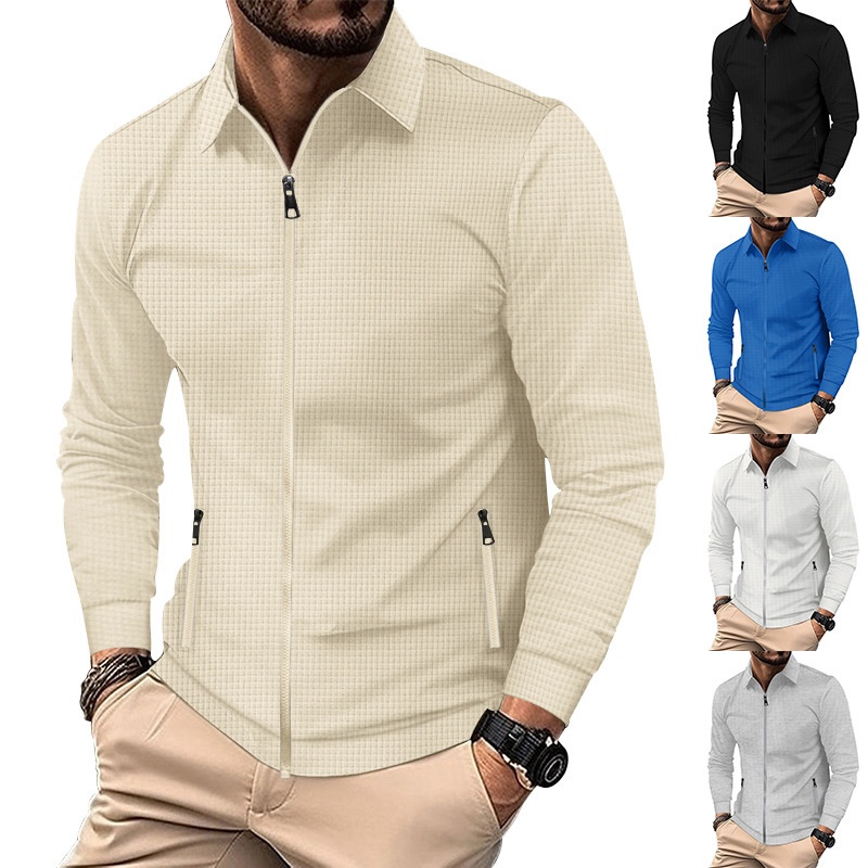 Giacca casual da uomo con polo e cerniera, a maniche lunghe, con colletto a nido d'ape transfrontaliero europeo e americano, cappotto autunnale_voghion.com