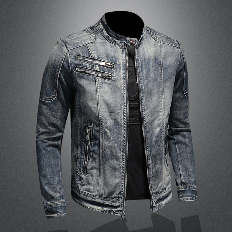 Veste en jean haut de gamme pour homme, style rétro décontracté européen et américain, grandes tailles, col montant, fermeture éclair, tendance pour le cyclisme et la moto_voghion.com