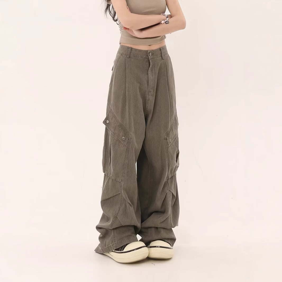 Jeans cargo a gamba dritta con design di nicchia transfrontaliero per uomo, stile High Street, larghi, con tasche grandi, europei e_voghion.com