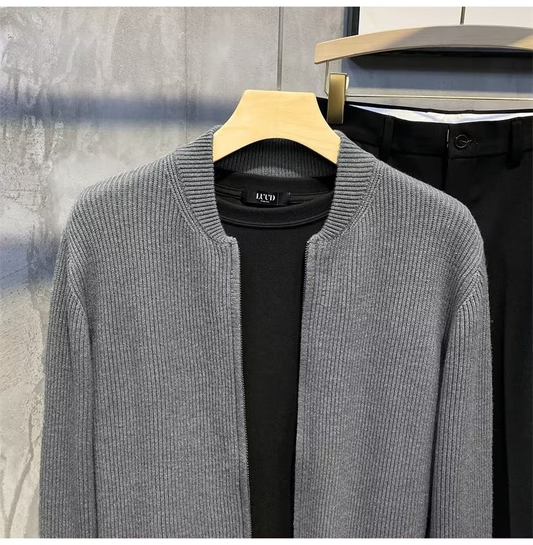 boy Boy Boy Spring And Autumn Doub Zipper Design Cardigan Solid Color Sweater Men's Simp Trendy Versati Knitted Jacket_voghion.com