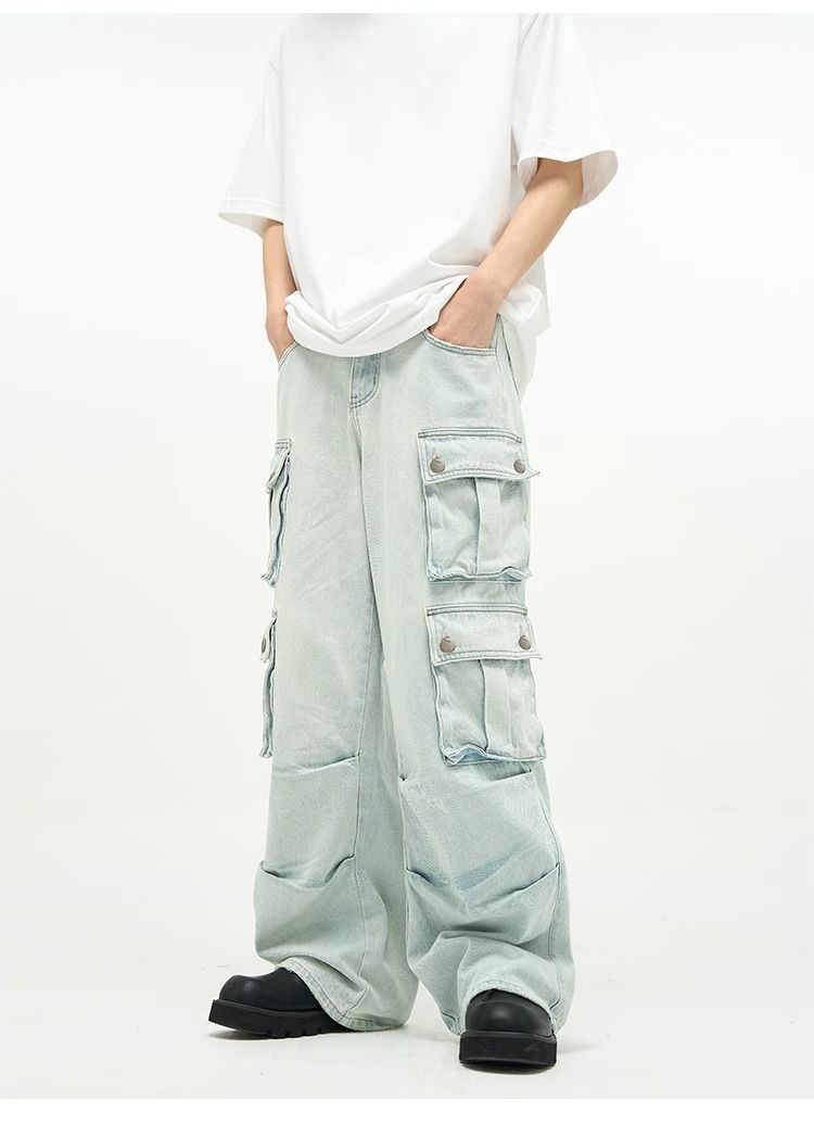 Jeans multitasche stile boy per uomo, pantaloni cargo a gamba larga blu retrò di nicchia, pantaloni alla moda europei e americani per coppie_voghion.com