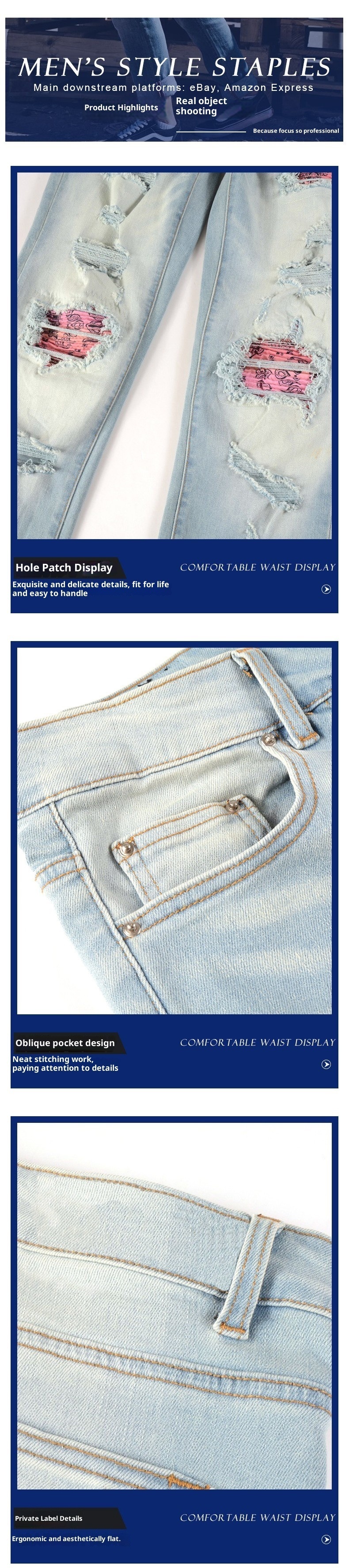 boy Cross-Border Jeans European And American Clothing High Street Paisley Light Color Colorful Ripped Patch Slim Fit Beggar_voghion.com