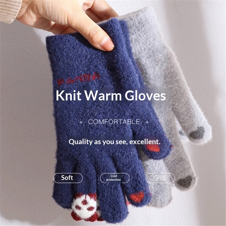 boy Boy Boy Cartoon Touchscreen Winter Cycling Thickened Windproof Warm Five-Finger Panda Cute Knitted Gloves Wholesale_voghion.com