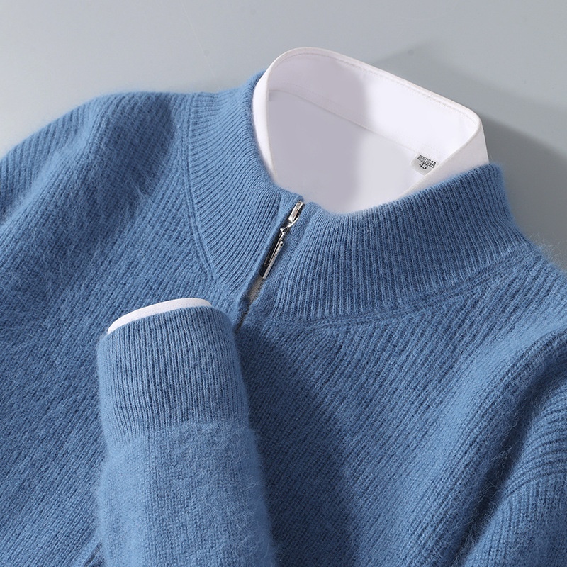 boy Boy Boy Boy Autumn Winter New Thickened Loose Men's Half Turtleneck Zipper Cardigan Casual Wool Knitted Sweater Jacket_voghion.com