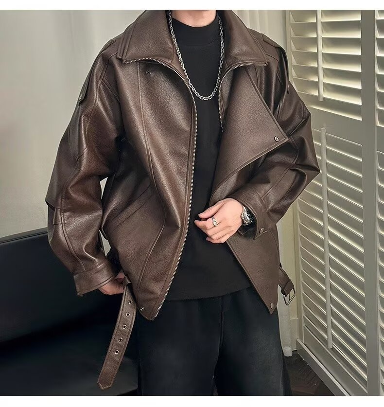 Giacca da motociclista di alta qualità con colletto rovesciato per uomo, stile europeo e americano, moda da strada alla moda, giacca da motociclista, PU coreano_voghion.com