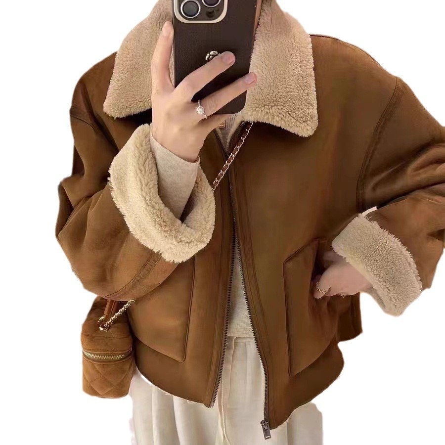 boy Sheepskin Thickened Lamb Wool Coat For Women Winter Design American Retro Warm Short Turn-down Collar Motorcycle Jacket_voghion.com