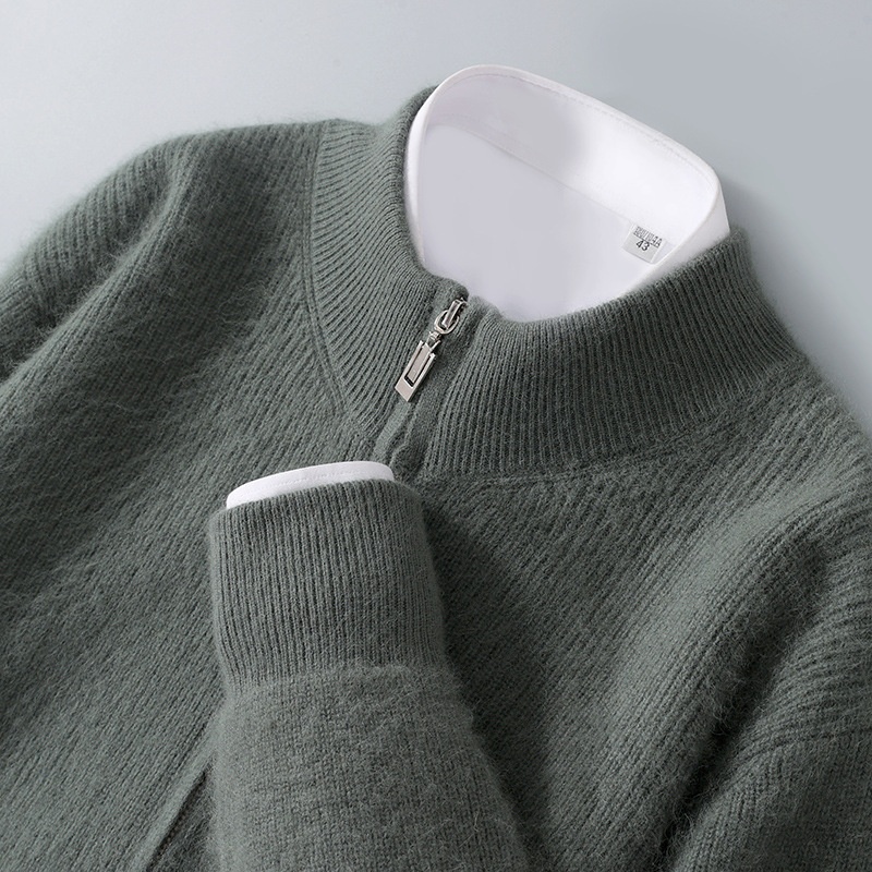 boy Boy Boy Boy Autumn Winter New Thickened Loose Men's Half Turtleneck Zipper Cardigan Casual Wool Knitted Sweater Jacket_voghion.com