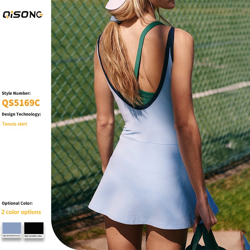 001 Cross-Border Spring Summer U-Back Bare Sensation Tennis Skirt For Women Waist-Cinching Quick-Dry Color-Block Casual_voghion.com