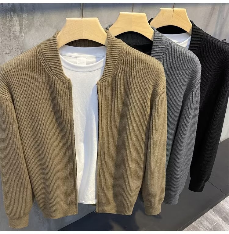 boy Boy Boy Spring And Autumn Doub Zipper Design Cardigan Solid Color Sweater Men's Simp Trendy Versati Knitted Jacket_voghion.com