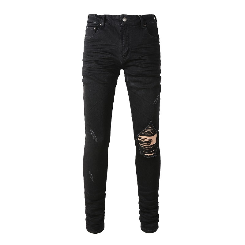 boy European And American Cross-Border Trendy Brand Black Ripped Patched Stretch Slim Fit Men's Jeans Wholesale Export_voghion.com