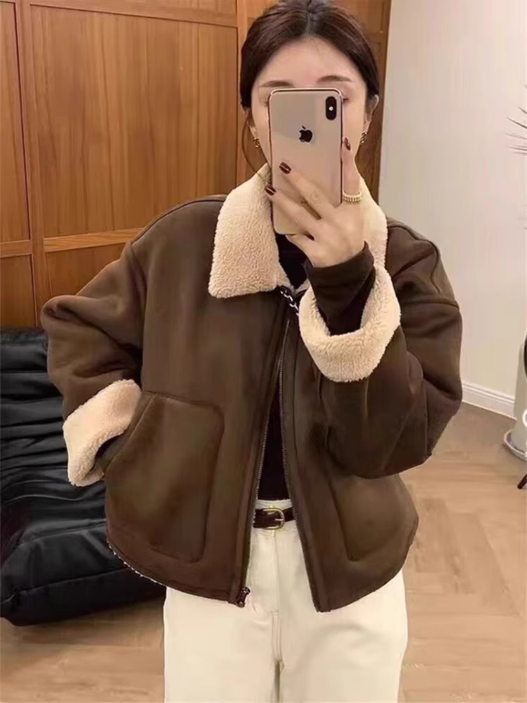 boy Sheepskin Thickened Lamb Wool Coat For Women Winter Design American Retro Warm Short Turn-down Collar Motorcycle Jacket_voghion.com