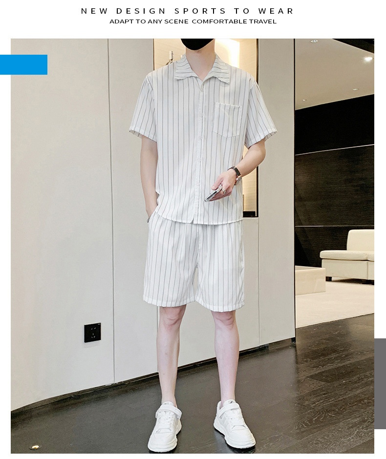Ice Silk Suit Casual For Men Summer Thin Trendy Loose Striped Shirt Breathable Two-Piece Set_voghion.com