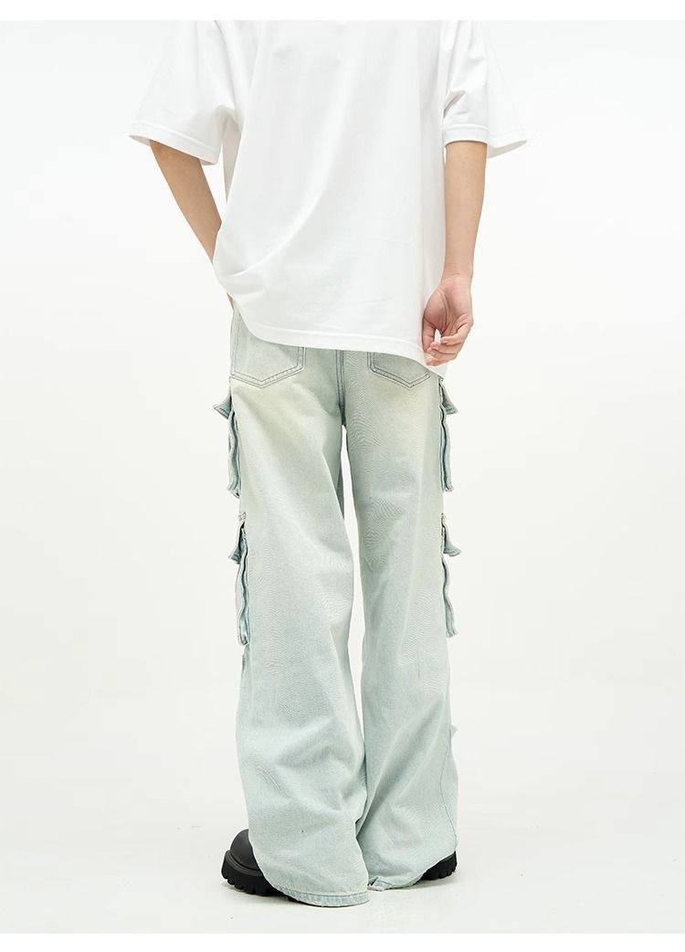 Jeans multitasche stile boy per uomo, pantaloni cargo a gamba larga blu retrò di nicchia, pantaloni alla moda europei e americani per coppie_voghion.com