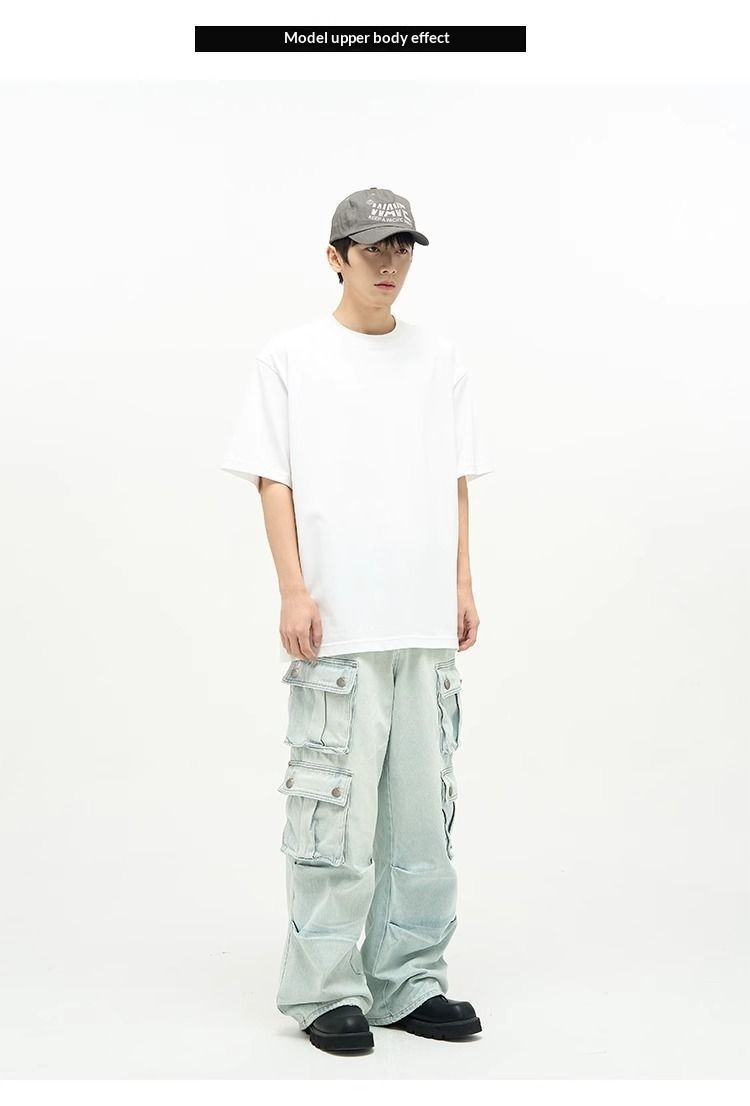 Jeans multitasche stile boy per uomo, pantaloni cargo a gamba larga blu retrò di nicchia, pantaloni alla moda europei e americani per coppie_voghion.com