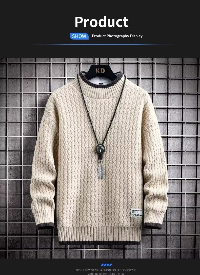 Pull à col roulé mi-long pour homme, pull en maille torsadée automne-hiver, pull tendance ample à col rond pour homme._voghion.com