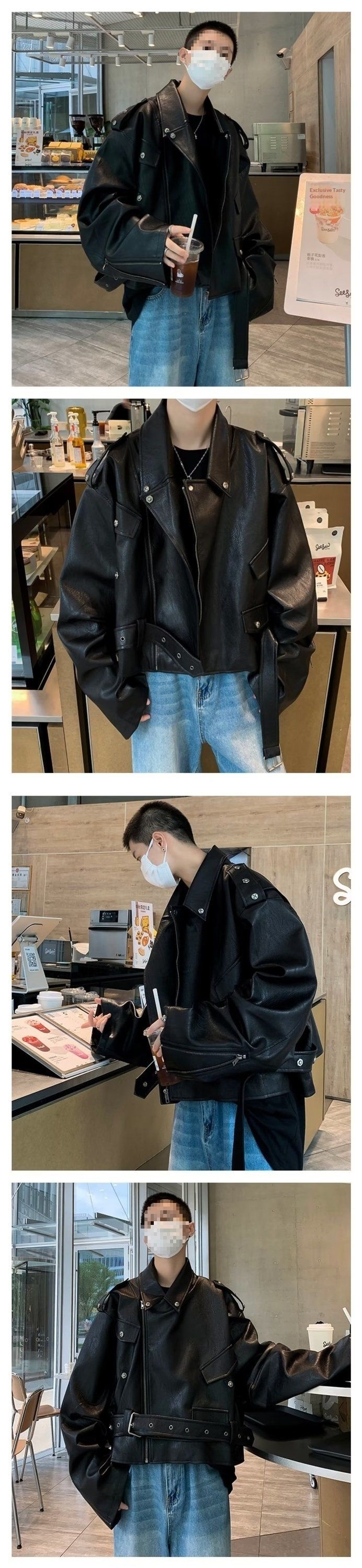 Giacca da motociclista corta in pelle color caffè Melard da uomo, stile street primaverile e autunnale, dal design unico, cool_voghion.com