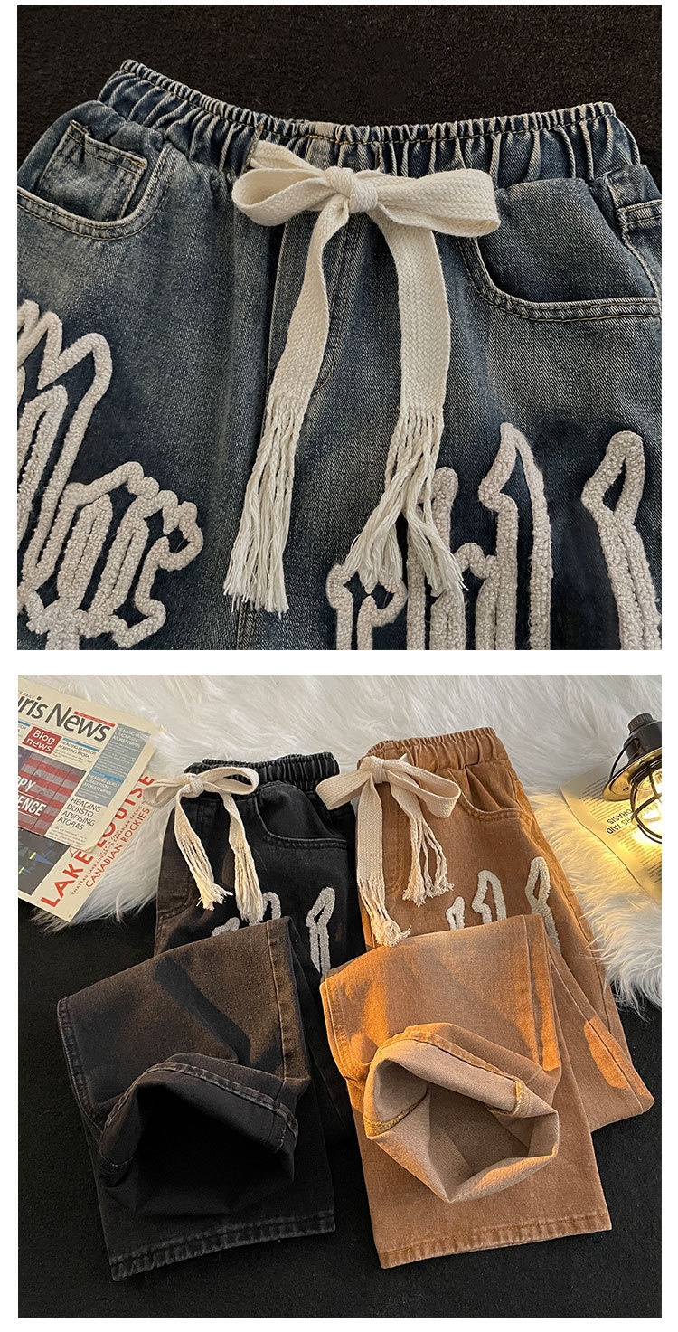 boy Towel Embroidered Jeans For Men, European American High Style, Washed And Distressed, Street Hip-Hop Loose Fit, Letter_voghion.com