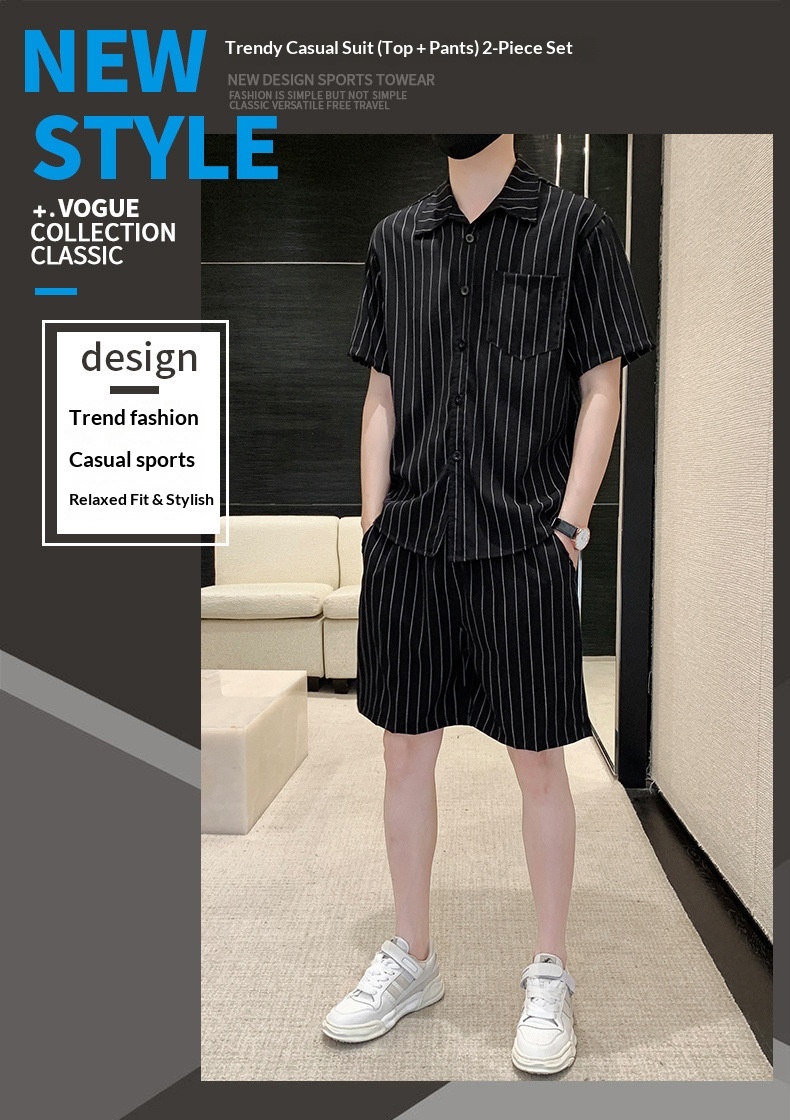 Ice Silk Suit Casual For Men Summer Thin Trendy Loose Striped Shirt Breathable Two-Piece Set_voghion.com