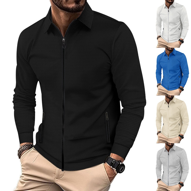 Giacca casual da uomo con polo e cerniera, a maniche lunghe, con colletto a nido d'ape transfrontaliero europeo e americano, cappotto autunnale_voghion.com