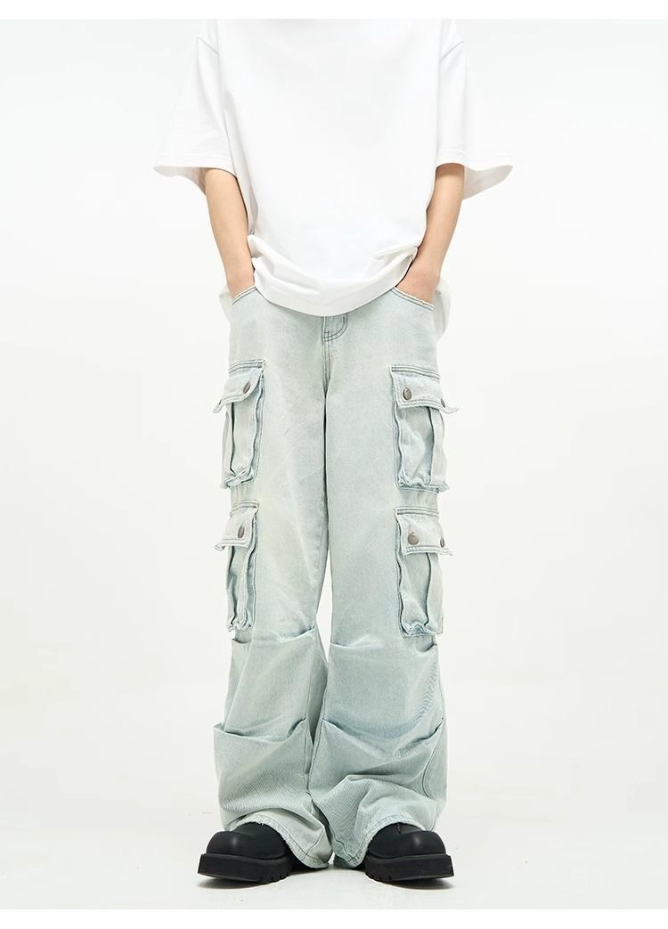 Jeans multitasche stile boy per uomo, pantaloni cargo a gamba larga blu retrò di nicchia, pantaloni alla moda europei e americani per coppie_voghion.com