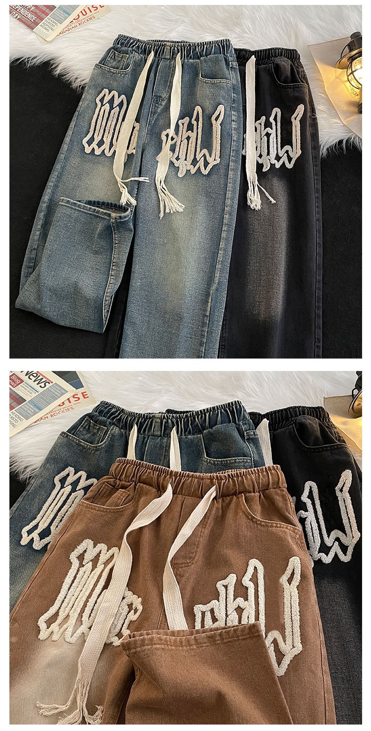 boy Towel Embroidered Jeans For Men, European American High Style, Washed And Distressed, Street Hip-Hop Loose Fit, Letter_voghion.com