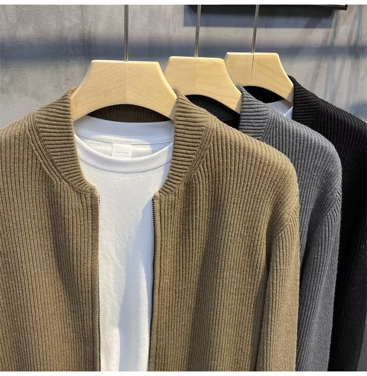 boy Boy Boy Spring And Autumn Doub Zipper Design Cardigan Solid Color Sweater Men's Simp Trendy Versati Knitted Jacket_voghion.com