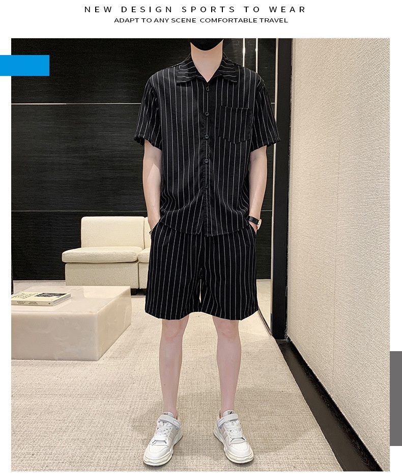 Ice Silk Suit Casual For Men Summer Thin Trendy Loose Striped Shirt Breathable Two-Piece Set_voghion.com