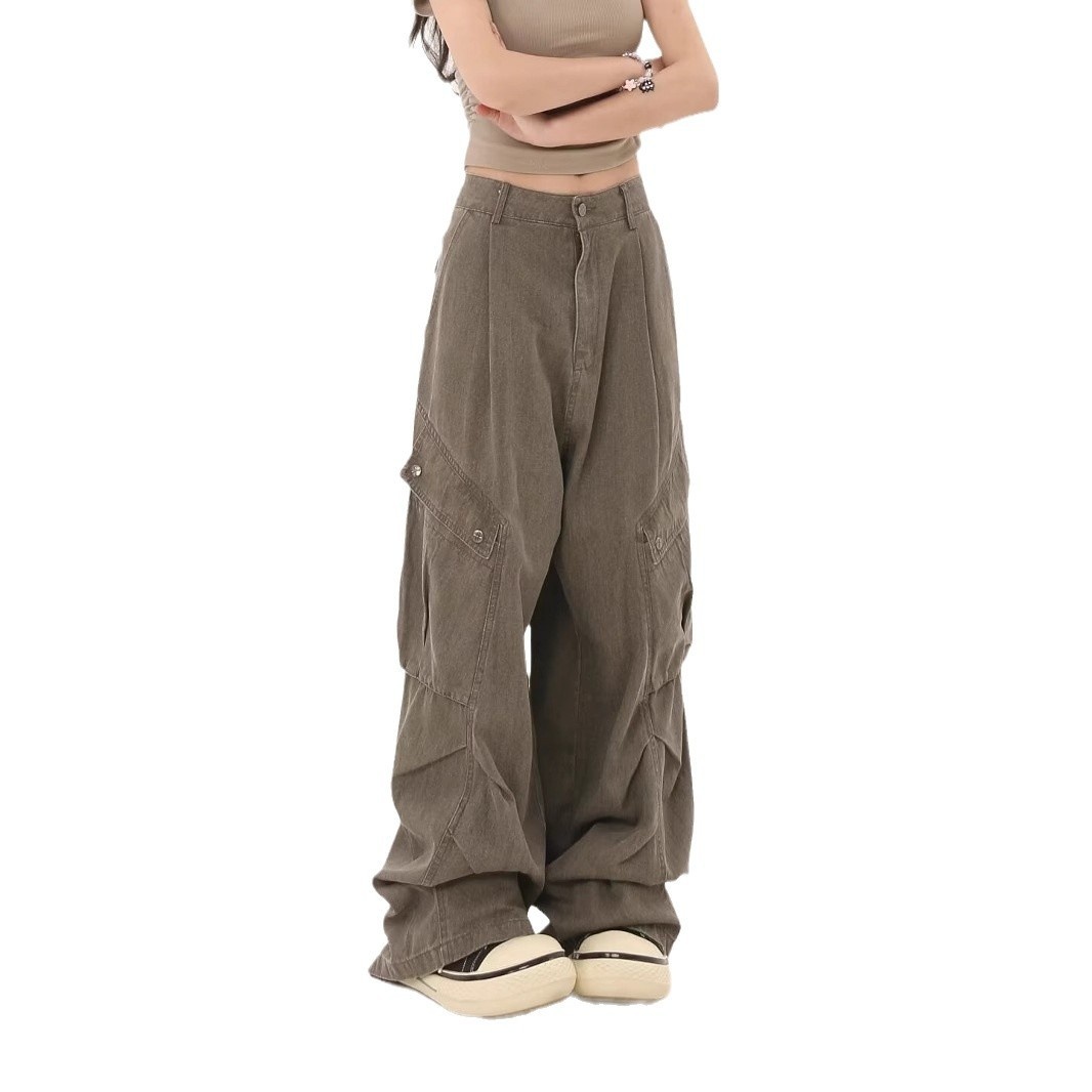 Jeans cargo a gamba dritta con design di nicchia transfrontaliero per uomo, stile High Street, larghi, con tasche grandi, europei e_voghion.com