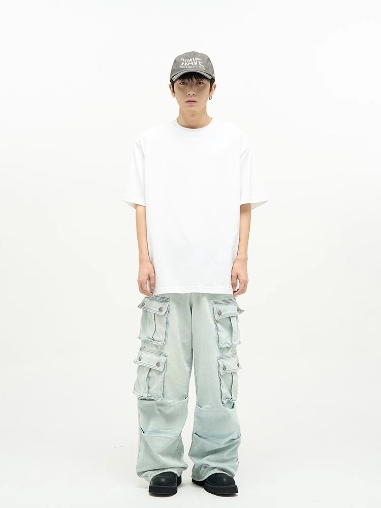 Jeans multitasche stile boy per uomo, pantaloni cargo a gamba larga blu retrò di nicchia, pantaloni alla moda europei e americani per coppie_voghion.com