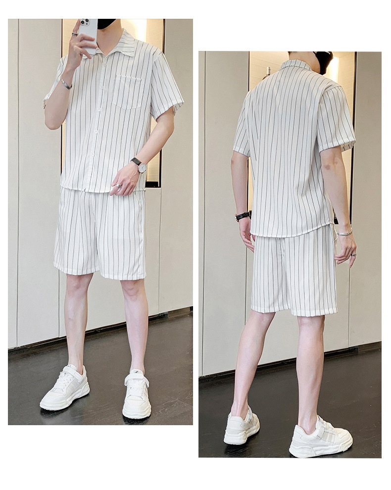 Ice Silk Suit Casual For Men Summer Thin Trendy Loose Striped Shirt Breathable Two-Piece Set_voghion.com