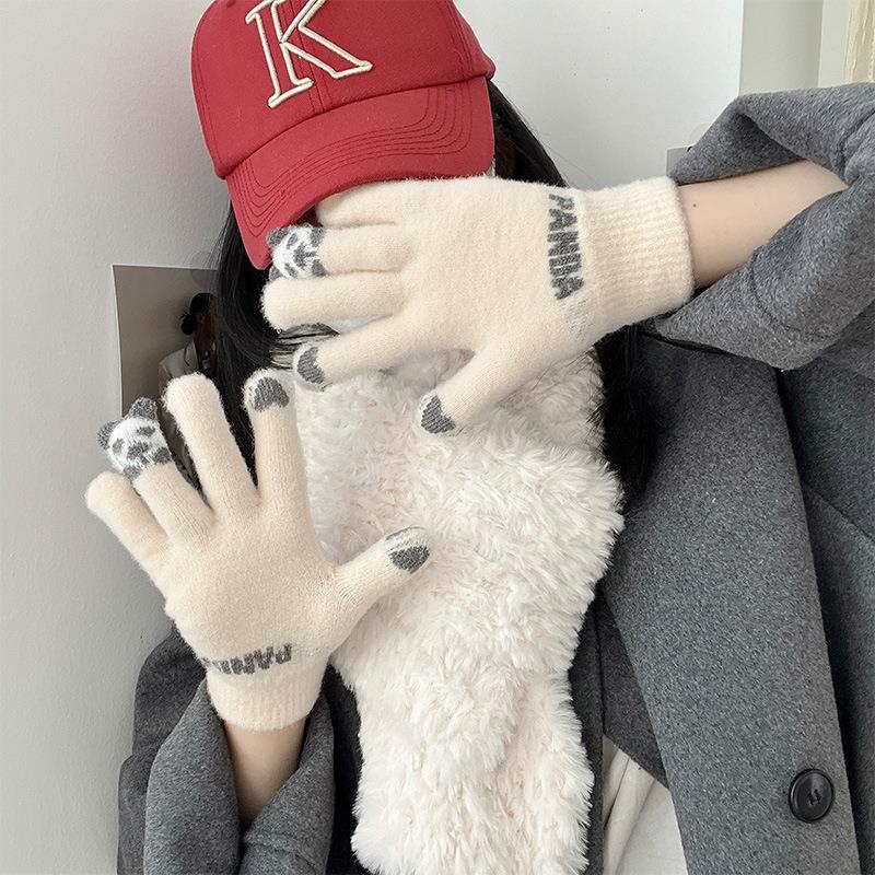 boy Boy Boy Cartoon Touchscreen Winter Cycling Thickened Windproof Warm Five-Finger Panda Cute Knitted Gloves Wholesale_voghion.com