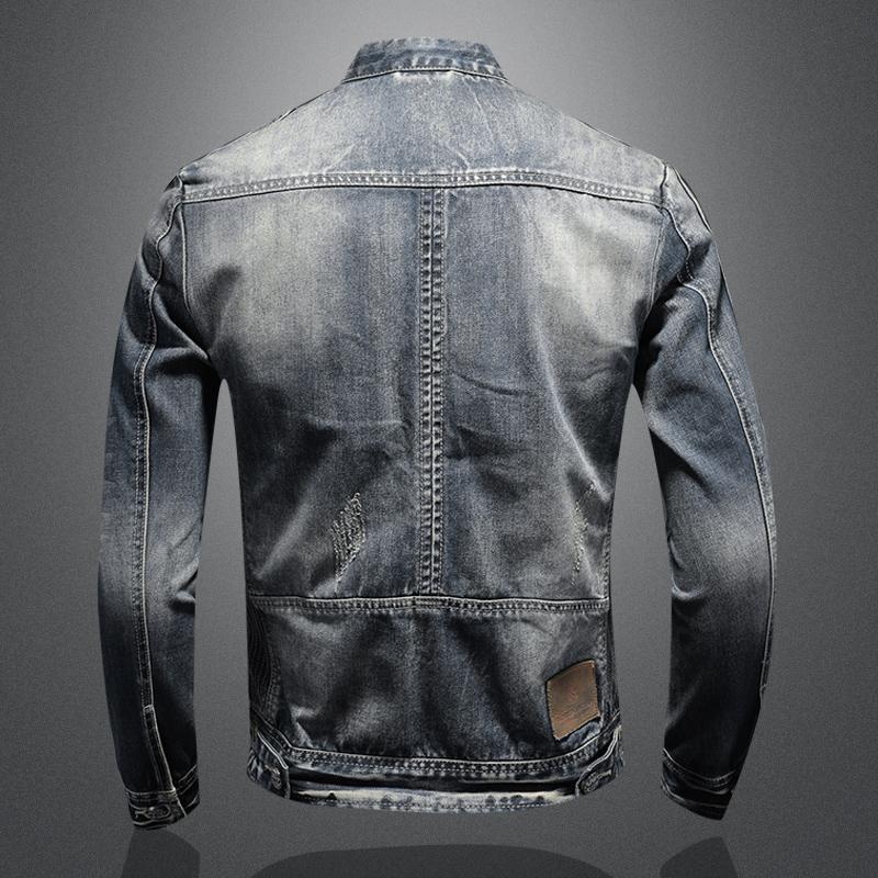Veste en jean haut de gamme pour homme, style rétro décontracté européen et américain, grandes tailles, col montant, fermeture éclair, tendance pour le cyclisme et la moto_voghion.com