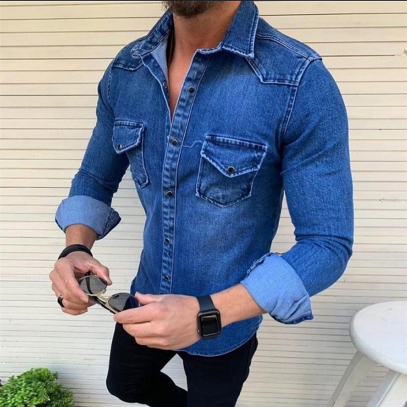 boy 2020 European And American Autumn Winter New Solid Color Slim Fit Men's Denim Shirt Turn-down Collar Jacket_voghion.com