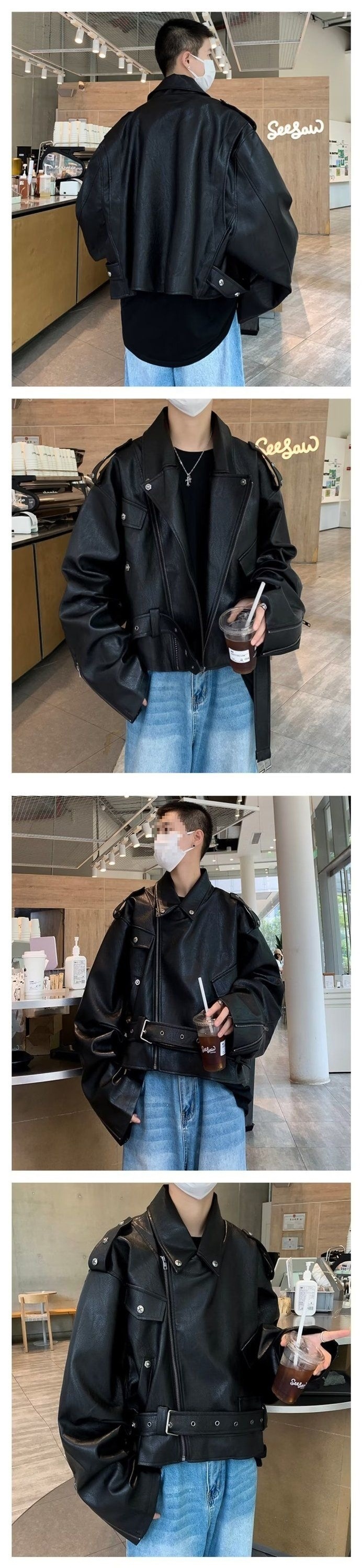 Giacca da motociclista corta in pelle color caffè Melard da uomo, stile street primaverile e autunnale, dal design unico, cool_voghion.com