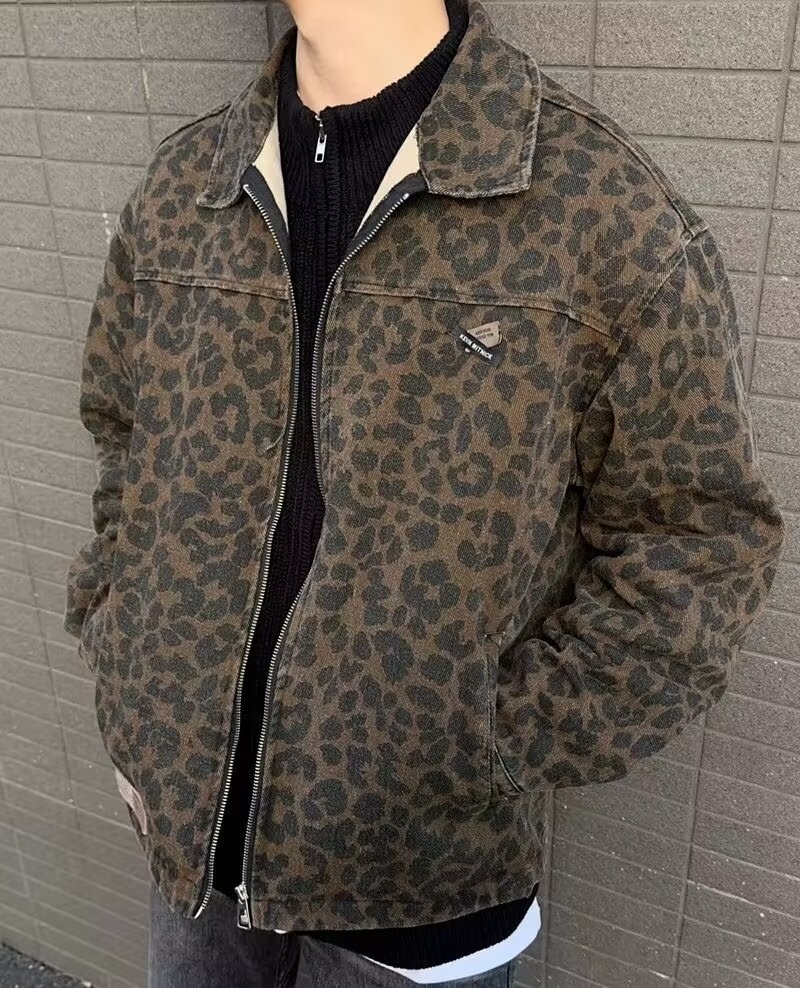 boy 2024 Style Functional Leopard Print Lapel Jacket For Men Women Spring Winter New Trendy European And American Zipper_voghion.com