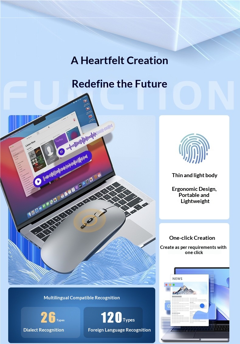 Souris sans fil Bluetooth Digitex, rechargeable, silencieuse et sans bruit, pour ordinateur portable, tablette, bureau à domicile, saisie vocale._voghion.com