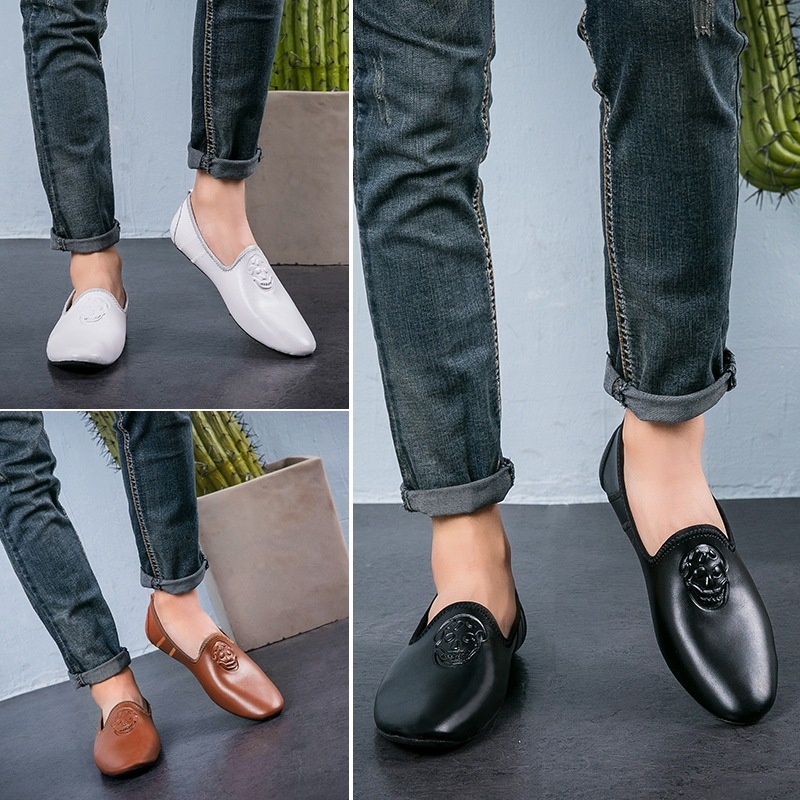 WalkPrime WalkPrime European Station Autumn Hairstylist Small Leather Skull Trendy New Men's Single Loafers Lazy Shoes Youth_voghion.com